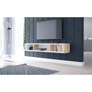 Meuble TV design suspendu DEVA 150 cm coloris chêne et blanc