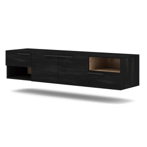 Meuble TV design suspendu NOAH 140 cm. 2 portes et 2 tiroirs. Coloris noir et chêne