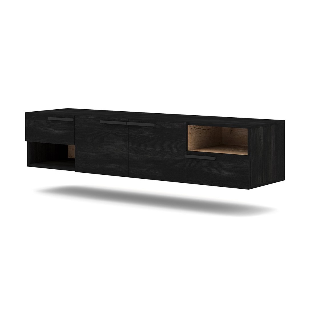 Meuble TV design suspendu NOAH 140 cm. 2 portes et 2 tiroirs. Coloris noir et chêne