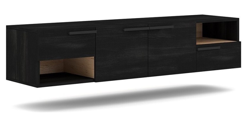 Meuble TV design suspendu NOAH 140 cm. 2 portes et 2 tiroirs. Coloris noir et chêne