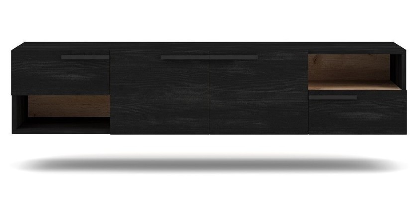 Meuble TV design suspendu NOAH 140 cm. 2 portes et 2 tiroirs. Coloris noir et chêne