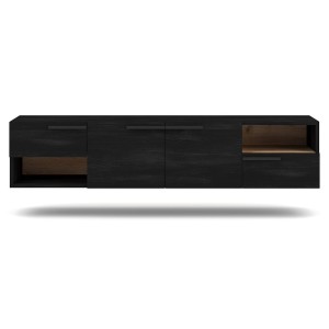 Meuble TV design suspendu NOAH 140 cm. 2 portes et 2 tiroirs. Coloris noir et chêne