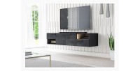 Meuble TV design suspendu NOAH 140 cm. 2 portes et 2 tiroirs. Coloris noir et chêne