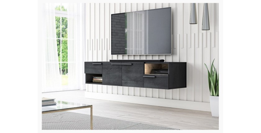 Meuble TV design suspendu NOAH 140 cm. 2 portes et 2 tiroirs. Coloris noir et chêne