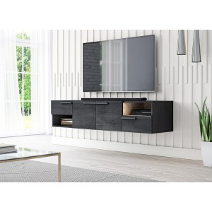 Meuble TV design suspendu NOAH 140 cm. 2 portes et 2 tiroirs. Coloris noir et chêne