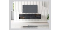 Meuble TV design suspendu NOAH 140 cm. 2 portes et 2 tiroirs. Coloris noir et chêne