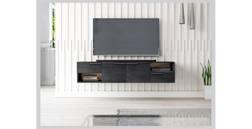 Meuble TV design suspendu NOAH 140 cm. 2 portes et 2 tiroirs. Coloris noir et chêne