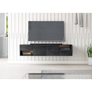 Meuble TV design suspendu NOAH 140 cm. 2 portes et 2 tiroirs. Coloris noir et chêne