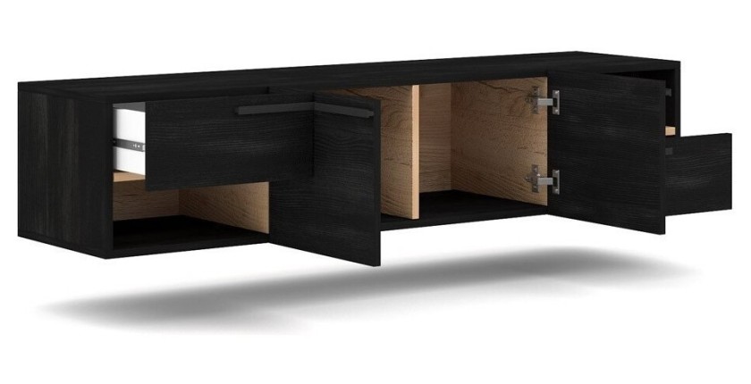 Meuble TV design suspendu NOAH 140 cm. 2 portes et 2 tiroirs. Coloris noir et chêne