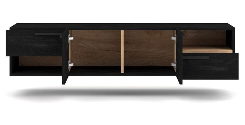 Meuble TV design suspendu NOAH 140 cm. 2 portes et 2 tiroirs. Coloris noir et chêne