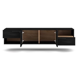 Meuble TV design suspendu NOAH 140 cm. 2 portes et 2 tiroirs. Coloris noir et chêne
