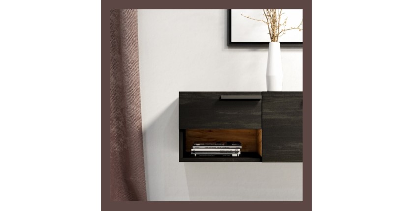 Meuble TV design suspendu NOAH 140 cm. 2 portes et 2 tiroirs. Coloris noir et chêne