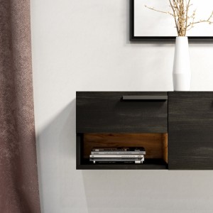 Meuble TV design suspendu NOAH 140 cm. 2 portes et 2 tiroirs. Coloris noir et chêne