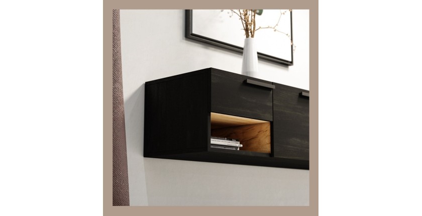 Meuble TV design suspendu NOAH 140 cm. 2 portes et 2 tiroirs. Coloris noir et chêne