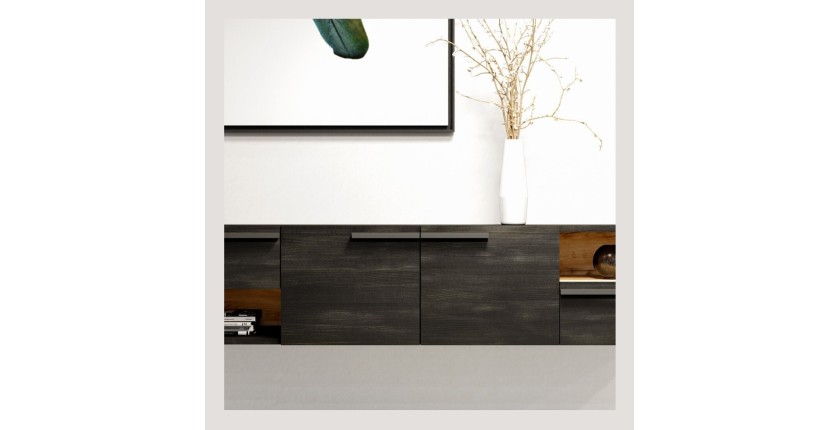 Meuble TV design suspendu NOAH 140 cm. 2 portes et 2 tiroirs. Coloris noir et chêne