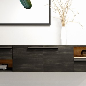 Meuble TV design suspendu NOAH 140 cm. 2 portes et 2 tiroirs. Coloris noir et chêne
