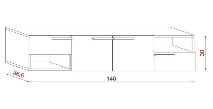 Meuble TV design suspendu NOAH 140 cm. 2 portes et 2 tiroirs. Coloris noir et chêne