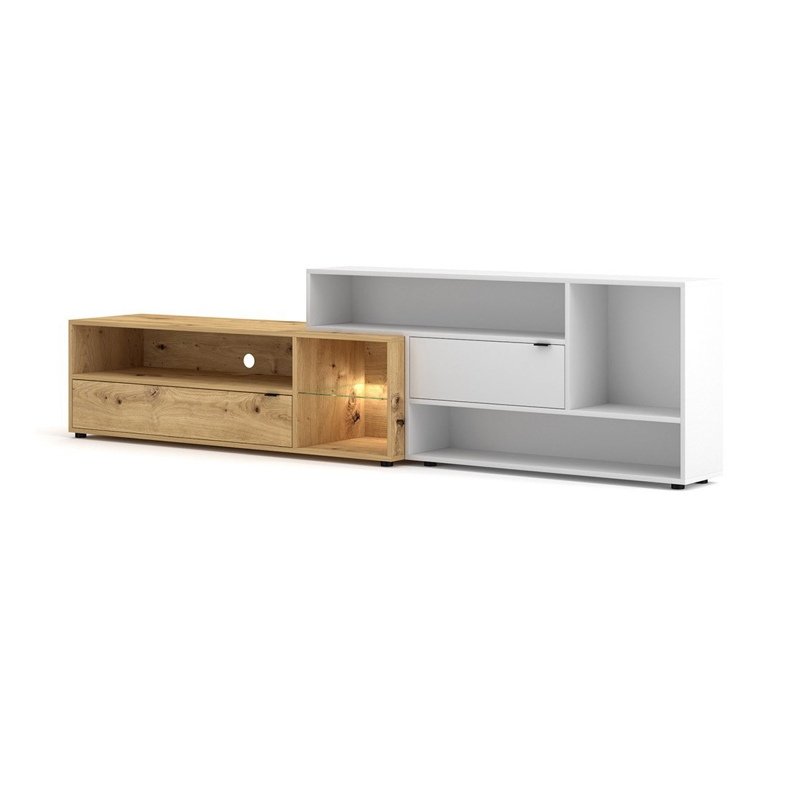 Ensemble meuble TV ROCK 240 cm. Coloris chêne et blanc