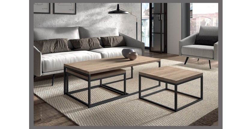 Table d'appoint style industriel HELLINGTON effet vieux chêne - Table basse - Ensemble 3 pièces