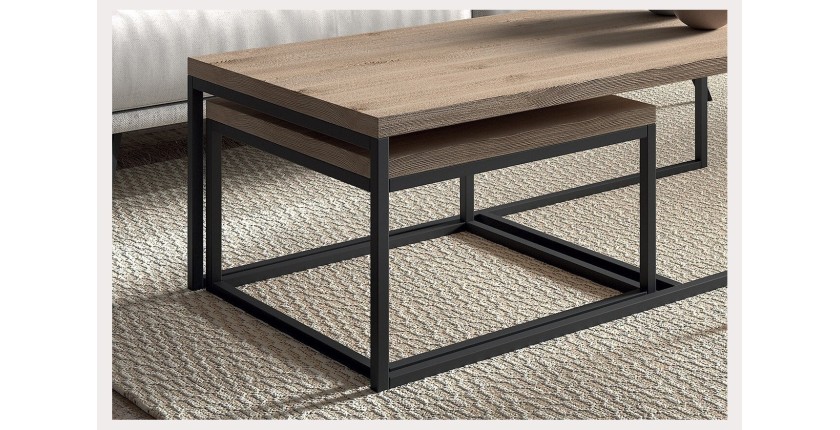 Table d'appoint style industriel HELLINGTON effet vieux chêne - Table basse - Ensemble 3 pièces