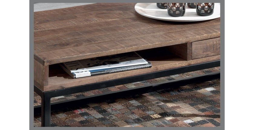 Table basse GOA en bois massif style industriel. Table en bois massif avec niche et tiroir.