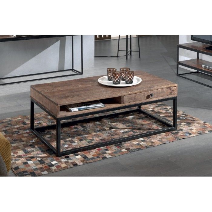 Table basse GOA en bois massif style industriel. Table en bois massif avec niche et tiroir.
