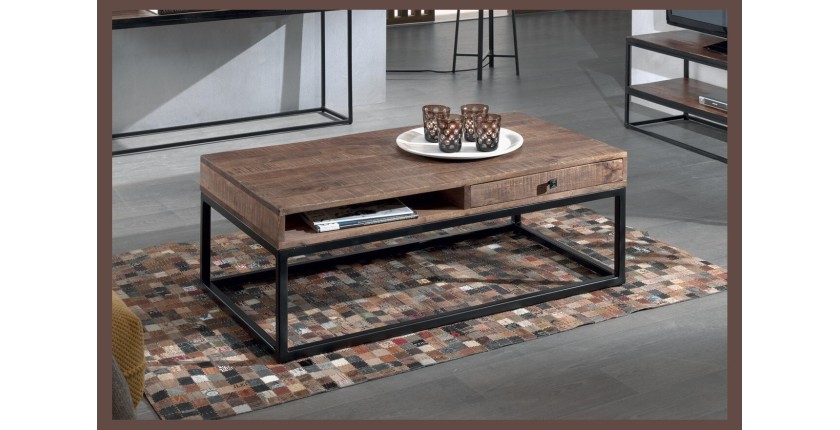 Table basse GOA en bois massif style industriel. Table en bois massif avec niche et tiroir.