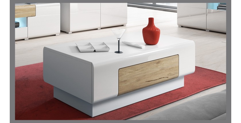 Table basse collection OHIO. Meuble type CONTEMPORAIN coloris blanc et chêne.