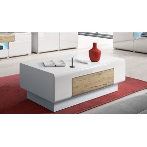 Table basse collection OHIO. Meuble type CONTEMPORAIN coloris blanc et chêne.