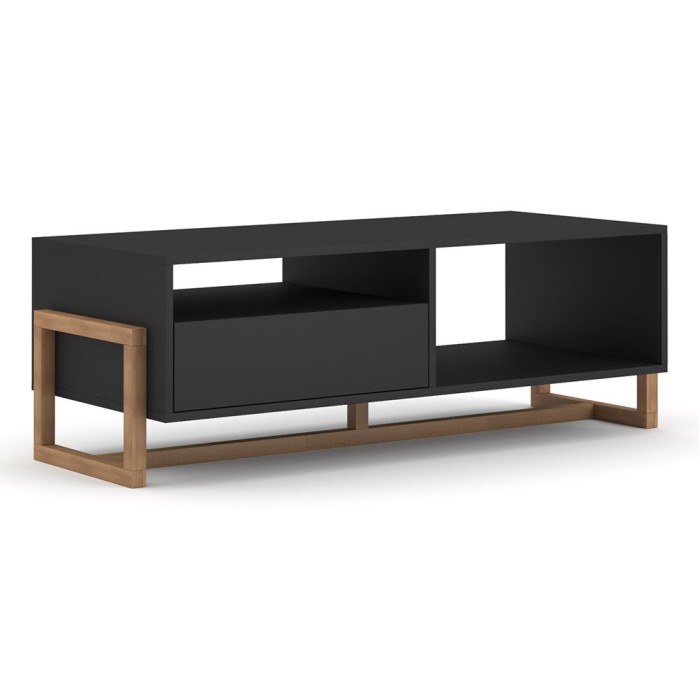 Table basse design GEILO 1 tiroir et 2 niches, coloris hêtre et noir mat
