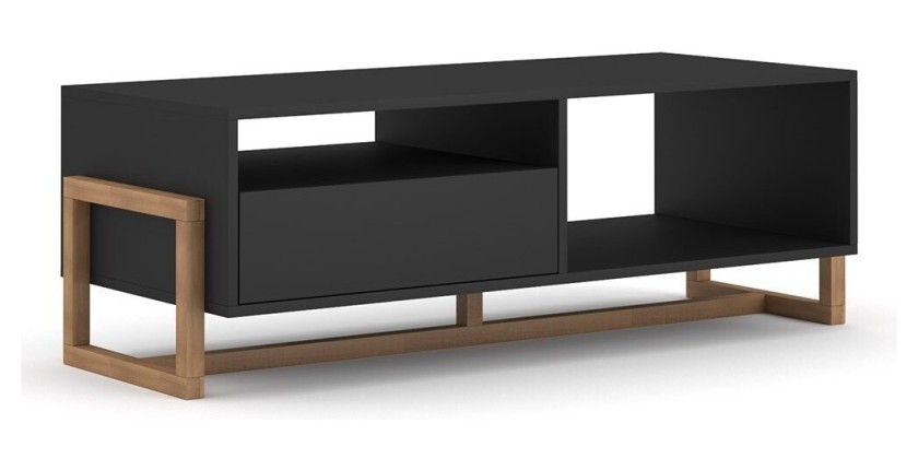 Table basse design GEILO 1 tiroir et 2 niches, coloris hêtre et noir mat