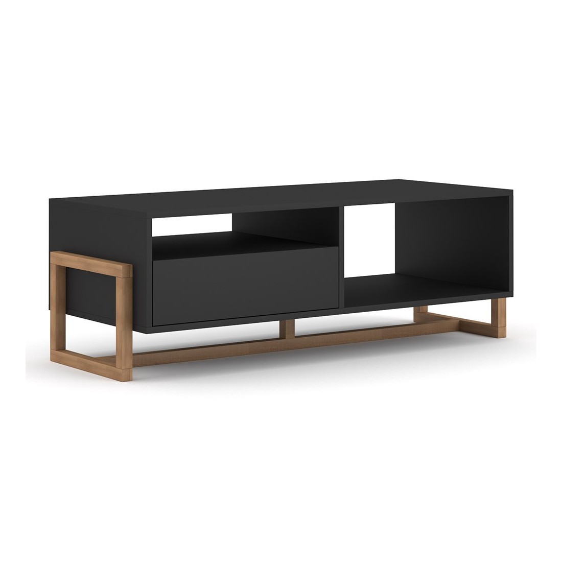 Table basse design GEILO 1 tiroir et 2 niches, coloris hêtre et noir mat