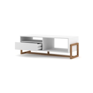 Table basse design GEILO 1 tiroir et 2 niches, coloris hêtre et noir mat