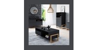 Table basse design GEILO 1 tiroir et 2 niches, coloris hêtre et noir mat