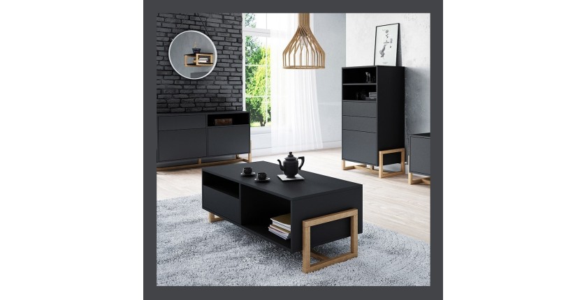 Table basse design GEILO 1 tiroir et 2 niches, coloris hêtre et noir mat