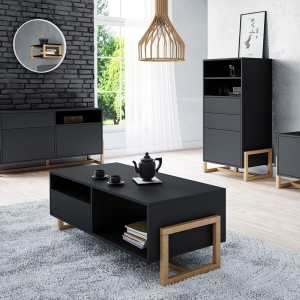 Table basse design GEILO 1 tiroir et 2 niches, coloris hêtre et noir mat