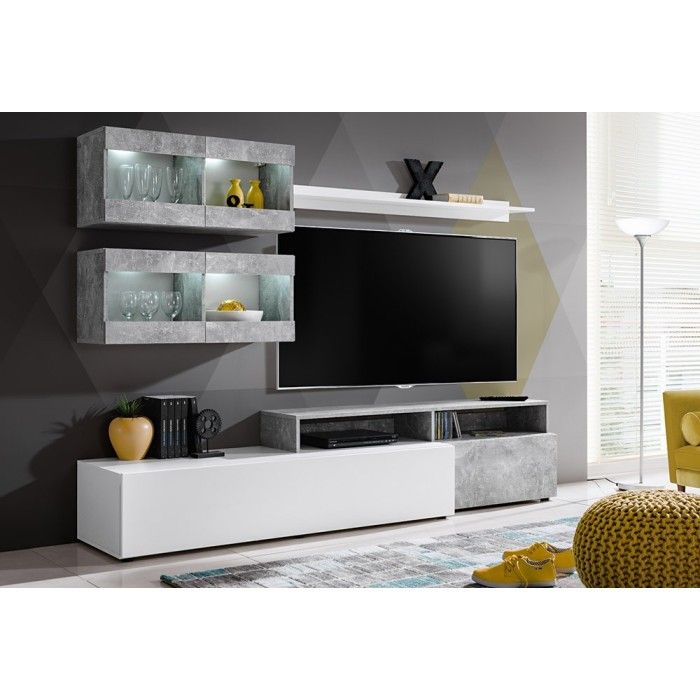 Ensemble salon SLITE. Composition TV murale coloris blanc et gris effet béton. LED incluses.