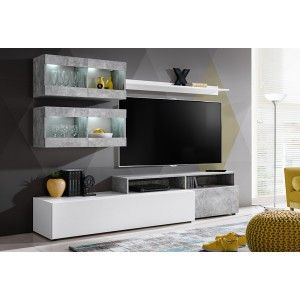 Ensemble salon SLITE. Composition TV murale coloris blanc et gris effet béton. LED incluses.