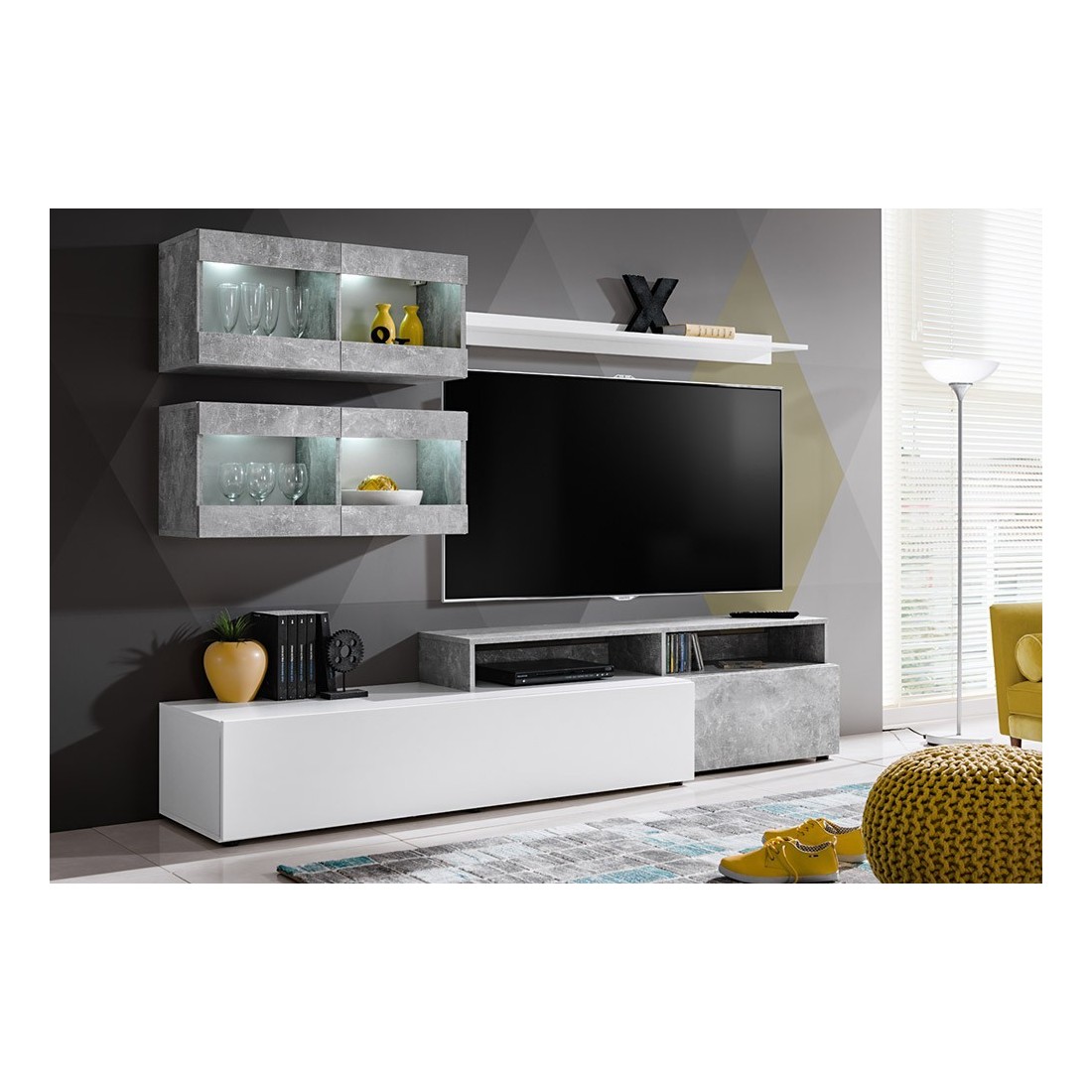 Ensemble salon SLITE. Composition TV murale coloris blanc et gris effet béton. LED incluses.