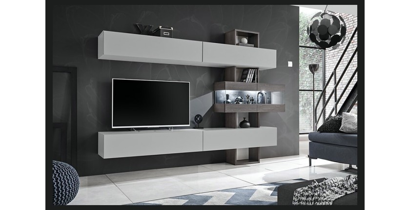 Ensemble salon TOKO. Composition TV murale coloris blanc et bois. LED incluses.