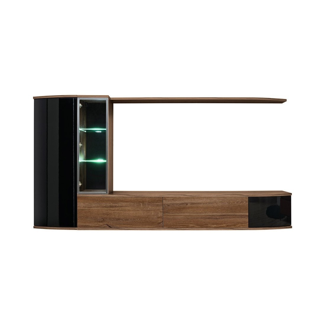 Ensemble complet meuble TV ZENITH. Composition murale effet chêne. LED incluses.
