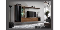 Ensemble complet meuble TV ZENITH. Composition murale effet chêne. LED incluses.