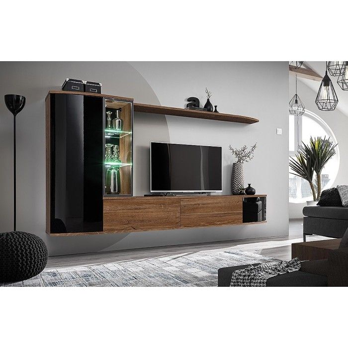 Ensemble complet meuble TV ZENITH. Composition murale effet chêne. LED incluses.