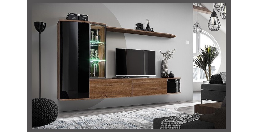 Ensemble complet meuble TV ZENITH. Composition murale effet chêne. LED incluses.