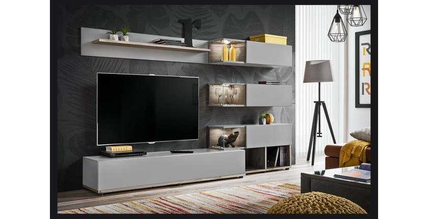 Ensemble de meubles pour votre salon KLIS. Composition murale coloris gris perle et chêne. LED incluses. Meuble tv design
