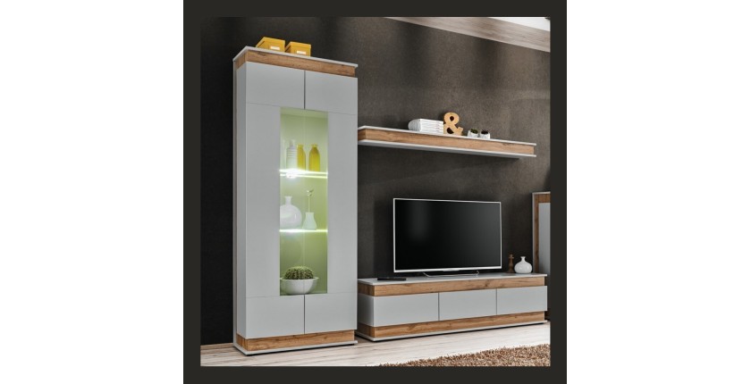 Vitrine, bibliothèque, vaisselier MUNICH modèle haut + LED. Meuble design idéal pour votre salle à manger