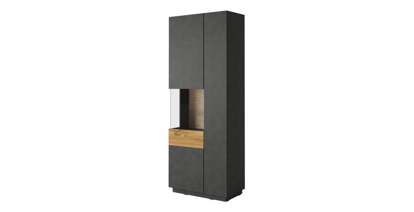 Vitrine, bibliothèque, vaisselier KILES coloris gris anthracite et chêne. Modèle vitrine gauche. LED intégrée