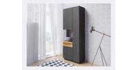 Vitrine, bibliothèque, vaisselier KILES coloris gris anthracite et chêne. Modèle vitrine gauche. LED intégrée