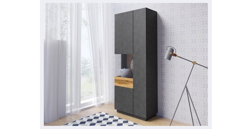 Vitrine, bibliothèque, vaisselier KILES coloris gris anthracite et chêne. Modèle vitrine gauche. LED intégrée