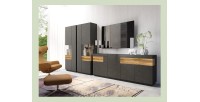 Vitrine, bibliothèque, vaisselier KILES coloris gris anthracite et chêne. Modèle vitrine gauche. LED intégrée
